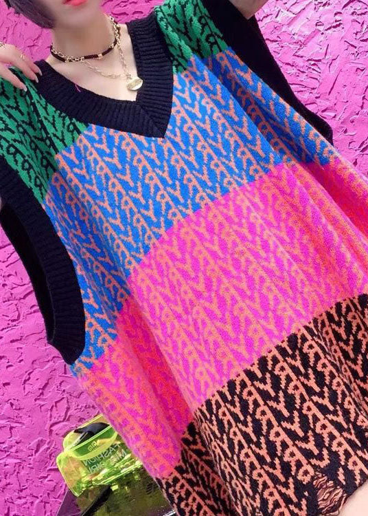 Plus Size Schwarze V-Ausschnitt Lose Patchwork Herbst Bluse Tops Strickweste