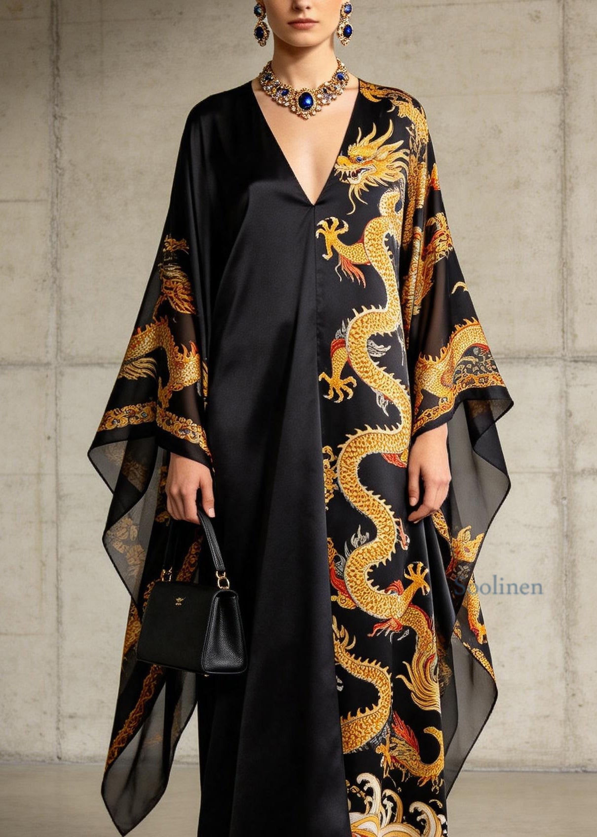 Plus Size Black V Neck Oriental Print Chiffon Dress Summer