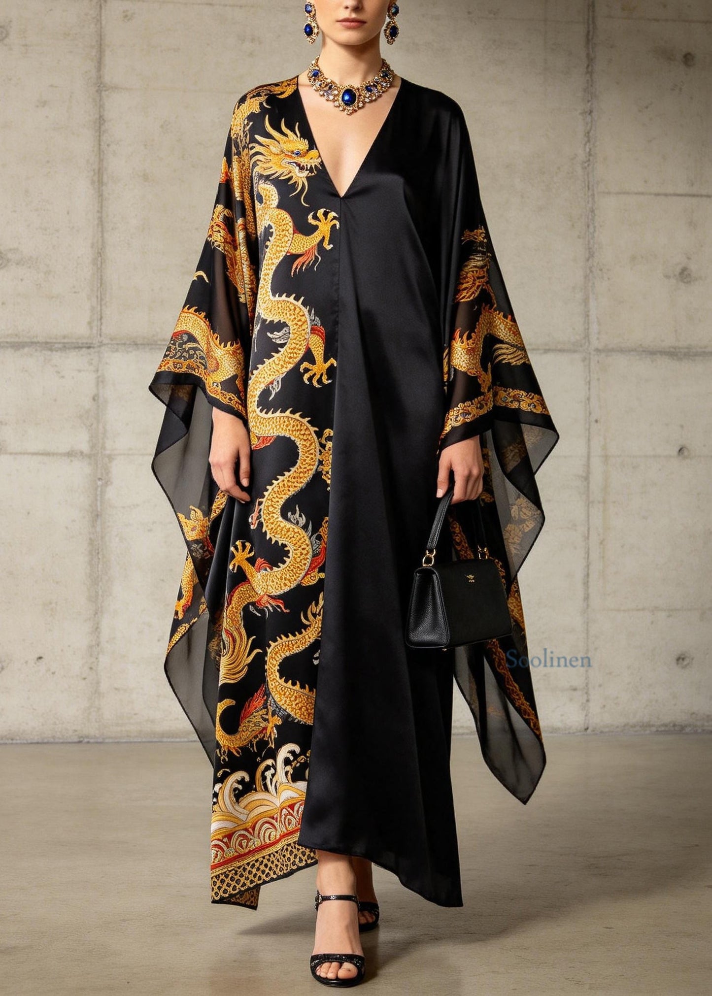 Plus Size Black V Neck Oriental Print Chiffon Dress Summer