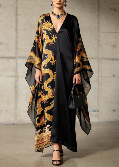 Plus Size Black V Neck Oriental Print Chiffon Dress Summer