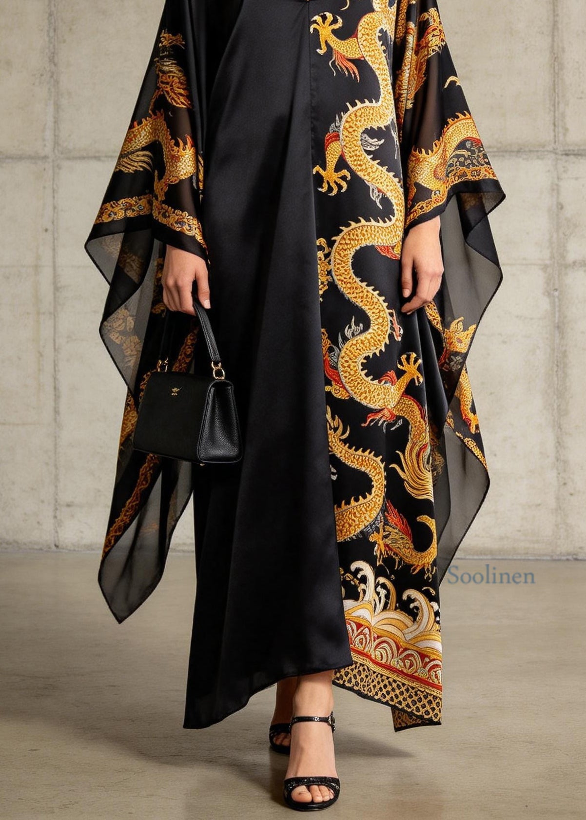 Plus Size Black V Neck Oriental Print Chiffon Dress Summer