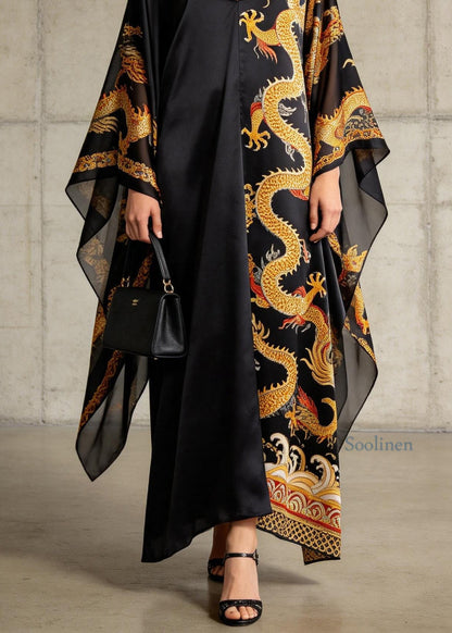 Plus Size Black V Neck Oriental Print Chiffon Dress Summer