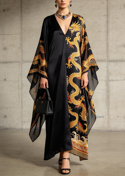 Plus Size Black V Neck Oriental Print Chiffon Dress Summer
