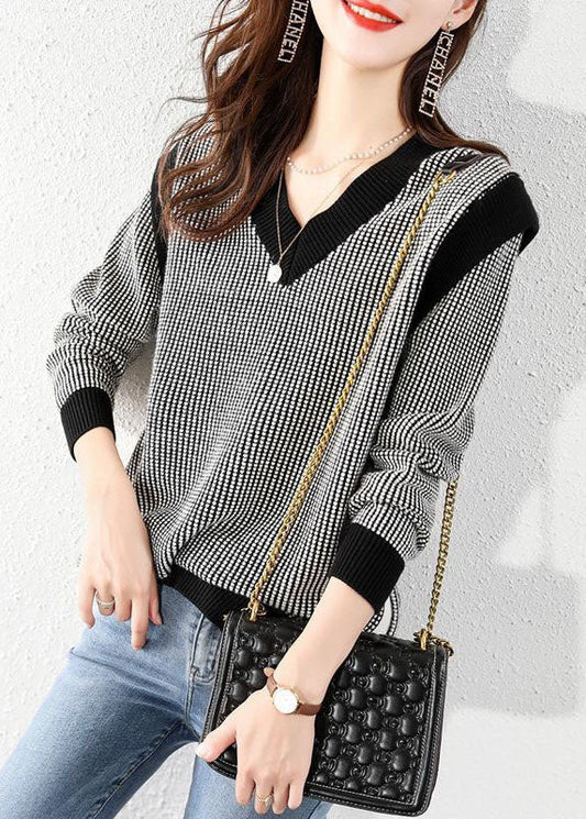 Plus Size Schwarzer V-Ausschnitt Plaid Strickpullover Tops Winter