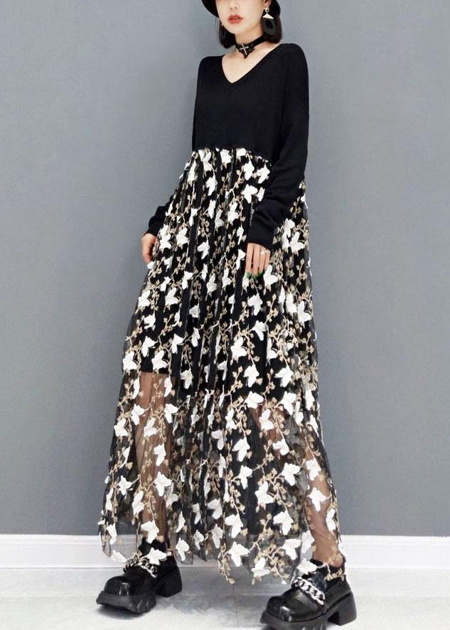 Plus Size Black V Neck Print Vacation Dresses Fall Long Sleeve - SooLinen