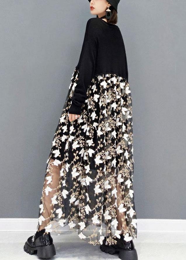 Plus Size Black V Neck Print Vacation Dresses Fall Long Sleeve - SooLinen