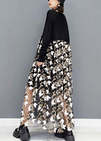 Plus Size Black V Neck Print Vacation Dresses Fall Long Sleeve - SooLinen