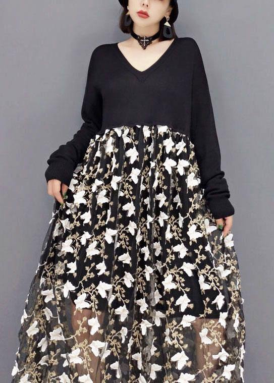 Plus Size Black V Neck Print Vacation Dresses Fall Long Sleeve - SooLinen