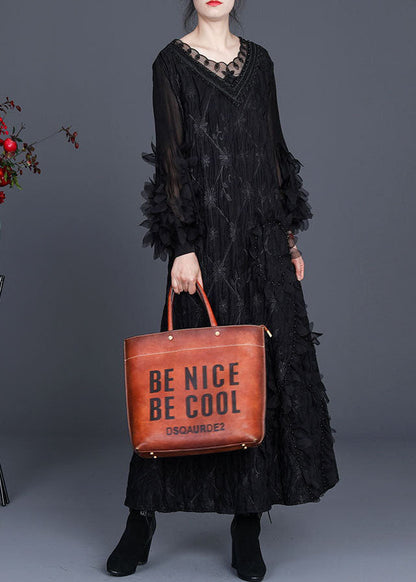 Plus Size Schwarzes V-Ausschnitt Faltennagelperlen Herbst Lange Kleider