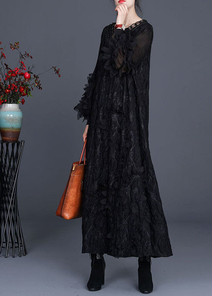 Plus Size Schwarzes V-Ausschnitt Faltennagelperlen Herbst Lange Kleider