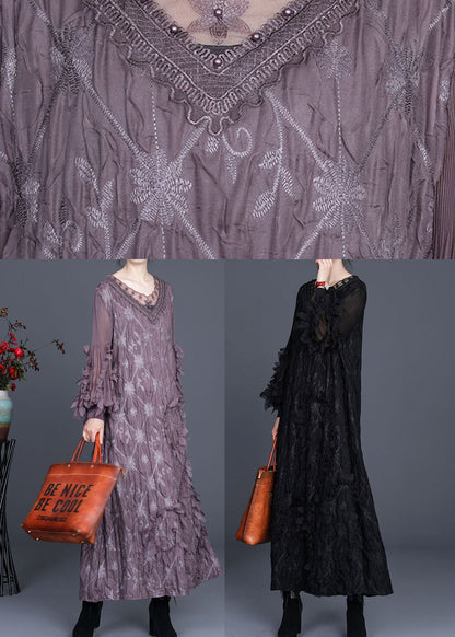 Plus Size Schwarzes V-Ausschnitt Faltennagelperlen Herbst Lange Kleider