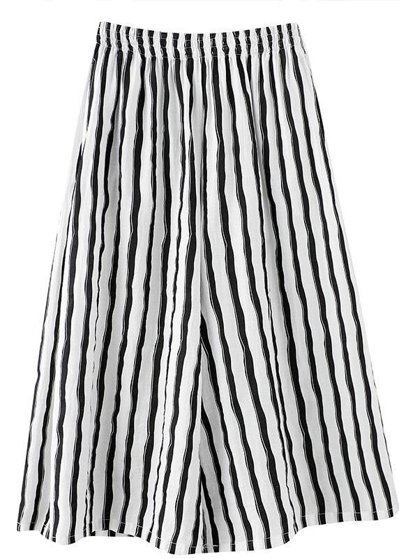 Plus Size Black White Striped Wide Leg Pants Summer Cotton - SooLinen