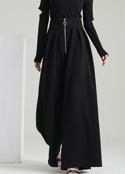 Plus Size Schwarze Hosen mit Reißverschlusstaschen aus Baumwolle mit weitem Bein