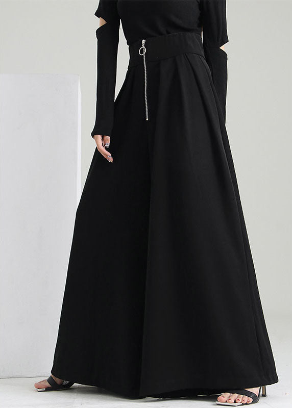 Plus Size Schwarze Hosen mit Reißverschlusstaschen aus Baumwolle mit weitem Bein