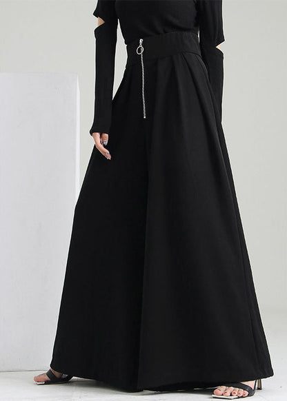 Plus Size Schwarze Hosen mit Reißverschlusstaschen aus Baumwolle mit weitem Bein