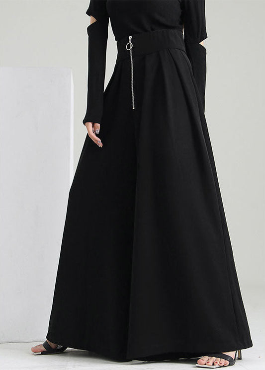 Plus Size Schwarze Hosen mit Reißverschlusstaschen aus Baumwolle mit weitem Bein