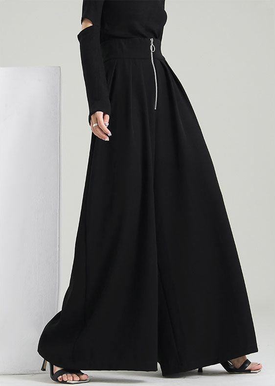 Plus Size Schwarze Hosen mit Reißverschlusstaschen aus Baumwolle mit weitem Bein