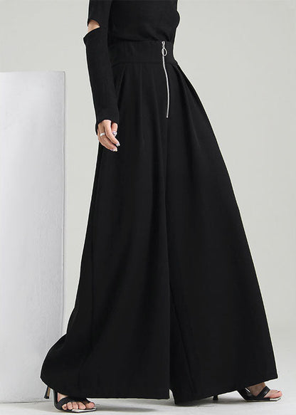 Plus Size Schwarze Hosen mit Reißverschlusstaschen aus Baumwolle mit weitem Bein