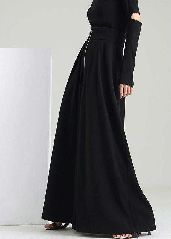 Plus Size Schwarze Hosen mit Reißverschlusstaschen aus Baumwolle mit weitem Bein