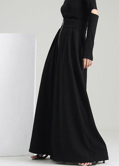 Plus Size Schwarze Hosen mit Reißverschlusstaschen aus Baumwolle mit weitem Bein