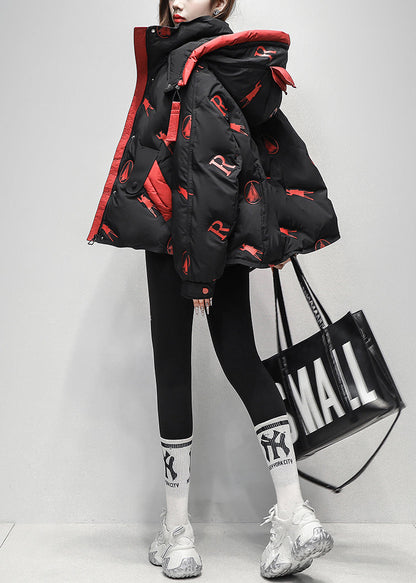 Abrigo acolchado de plumón de pato con estampado de letras y cremallera negra de talla grande