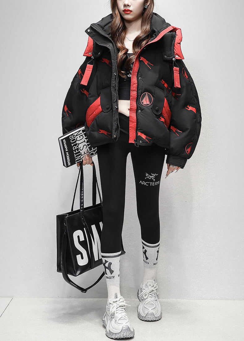 Abrigo acolchado de plumón de pato con estampado de letras y cremallera negra de talla grande