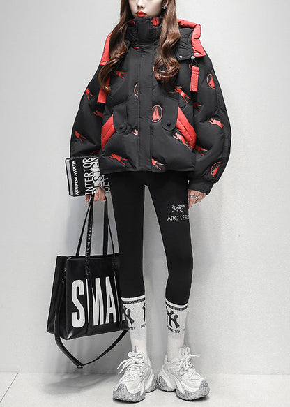 Abrigo acolchado de plumón de pato con estampado de letras y cremallera negra de talla grande