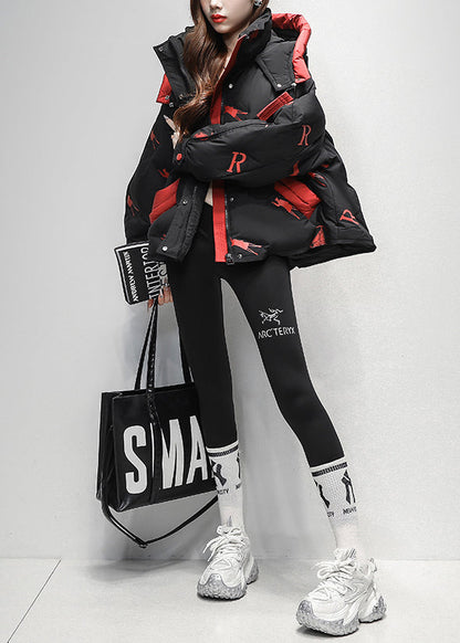 Abrigo acolchado de plumón de pato con estampado de letras y cremallera negra de talla grande