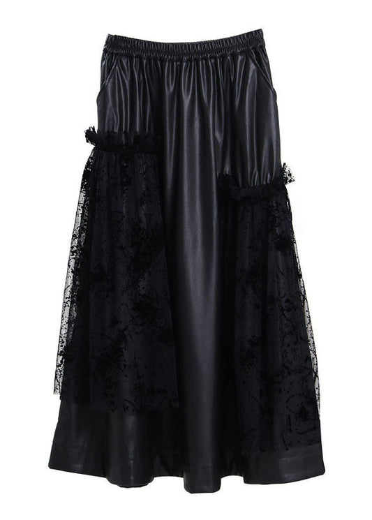 Plus Größe Schwarz elastische taille spitze Patchwork Kunstleder Rock Frühling