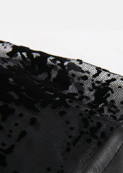 Plus Größe Schwarz elastische taille spitze Patchwork Kunstleder Rock Frühling