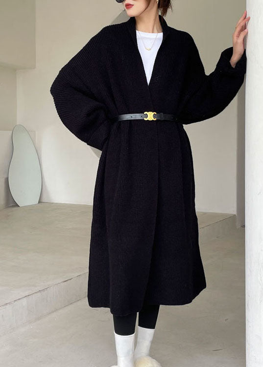 Plus Size Schwarzer Mode-Strick-Lässiger Mantel Winter