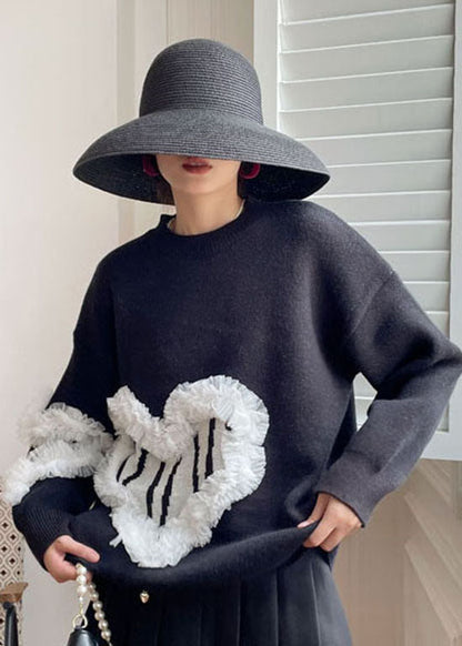 Plus Size Schwarzer modischer gemütlicher Strickpullover Frühling