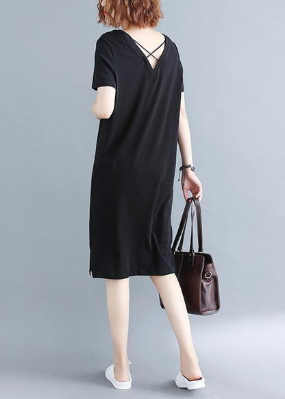 Plus Size Black side open Cotton Summer Dresses - SooLinen