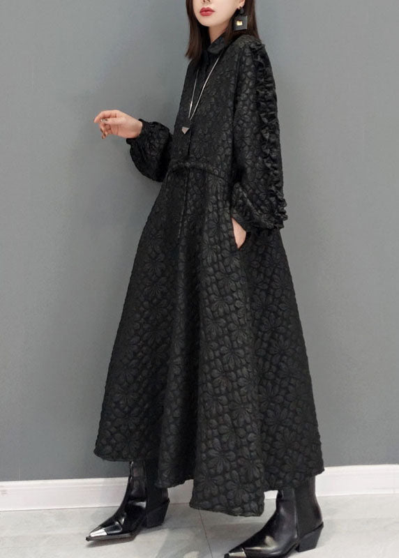 Plus Size Schwarzes Kleid mit Peter-Pan-Kragen und Taillenbund aus Jacquard