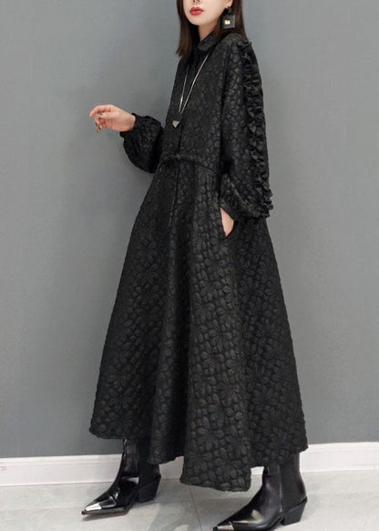 Plus Size Schwarzes Kleid mit Peter-Pan-Kragen und Taillenbund aus Jacquard