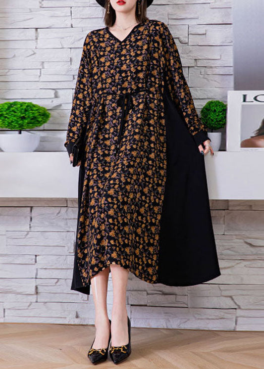 Plus Size Schwarzes Kleid mit Bindegürtel und V-Ausschnitt, Patchwork-Muster, Seide, Urlaubskleid, Frühling