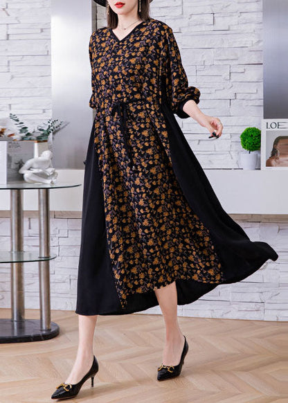 Plus Size Schwarzes Kleid mit Bindegürtel und V-Ausschnitt, Patchwork-Muster, Seide, Urlaubskleid, Frühling