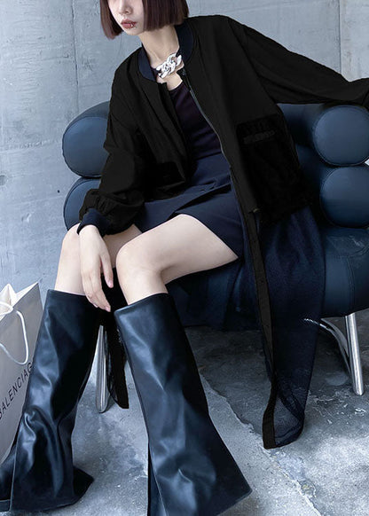 Plus Size Schwarzer Trenchcoat mit Reißverschlusstaschen aus Tüll-Patchwork