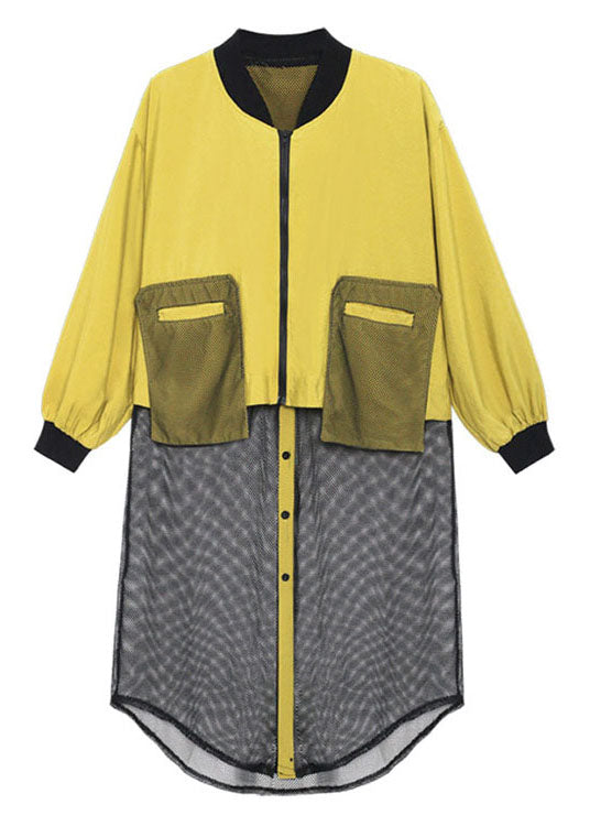 Plus Size Schwarzer Trenchcoat mit Reißverschlusstaschen aus Tüll-Patchwork