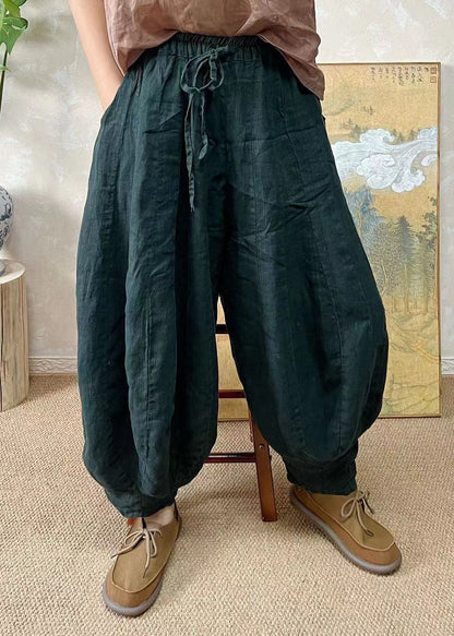 Plus Size Schwarzgrüne elastische Taille Leinenlaternenhose Sommer