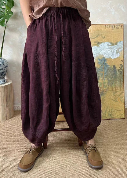 Plus Size Schwarzgrüne elastische Taille Leinenlaternenhose Sommer
