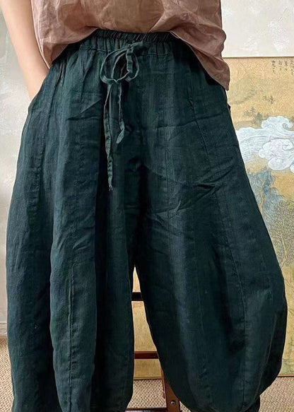 Plus Size Schwarzgrüne elastische Taille Leinenlaternenhose Sommer