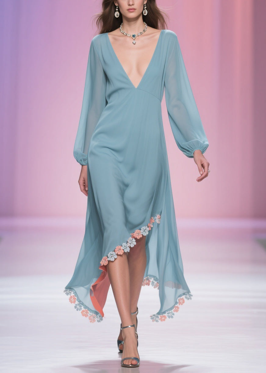 Plus Size Blue Asymmetrical Floral Chiffon Long Dress Spring