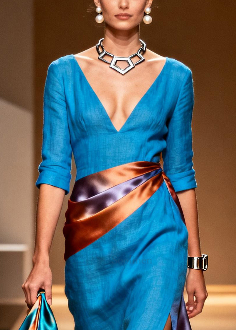 Plus Size Blue Asymmetrical Patchwork Linen Silk Maxi Dresses Summer
