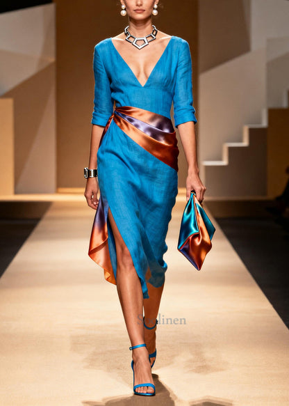 Plus Size Blue Asymmetrical Patchwork Linen Silk Maxi Dresses Summer