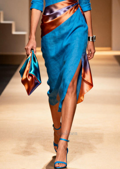 Plus Size Blue Asymmetrical Patchwork Linen Silk Maxi Dresses Summer