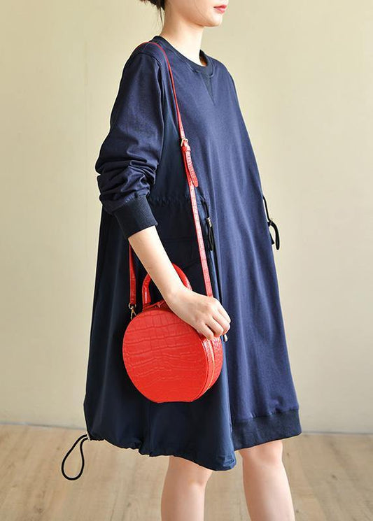 Plus Size Blue Cinched Cotton Patchwork Spring Dress - SooLinen