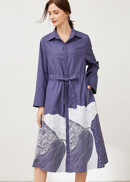 Plus Size Blau Cinched Print Baumwollhemden Kleider Frühling