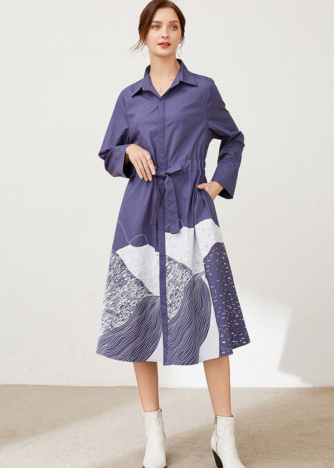 Plus Size Blau Cinched Print Baumwollhemden Kleider Frühling