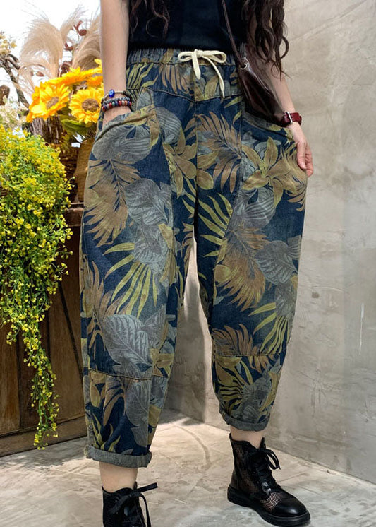Plus Size Blaue Cinched Print Patchwork Jeanshose Frühling
